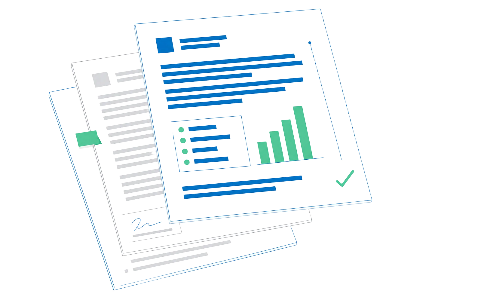 Illustration of a printed renewal intelligence brief: redacted findings, a ranked action list, a rising price trajectory chart, and a signed contract underneath