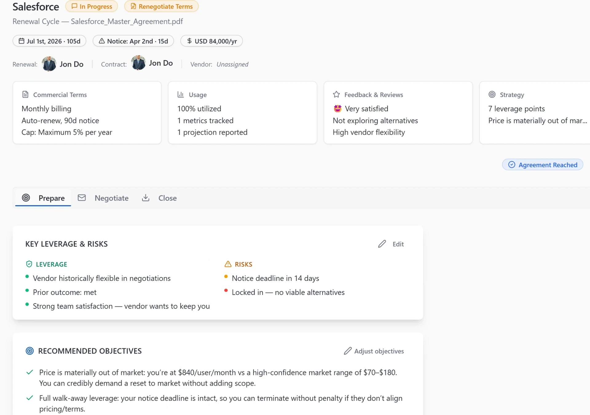 Negotiation brief listing leverage, risks, and recommended objectives for a vendor renewal