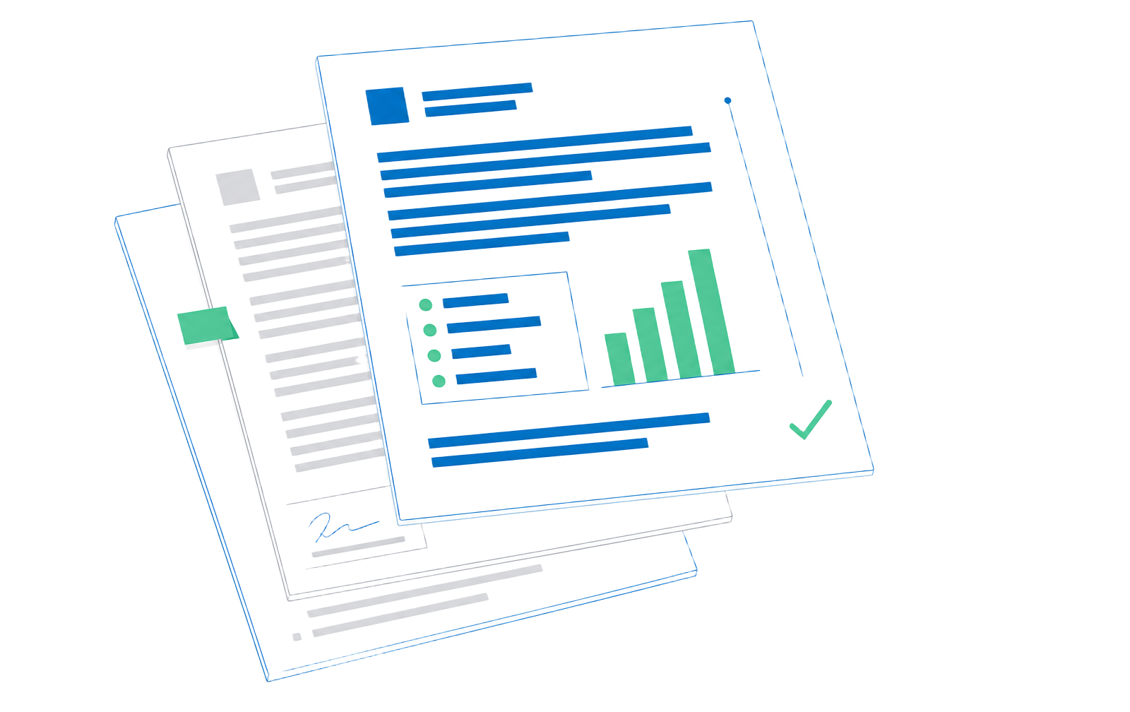 Illustration of a printed renewal intelligence brief: redacted findings, a ranked action list, a rising price trajectory chart, and a signed contract underneath