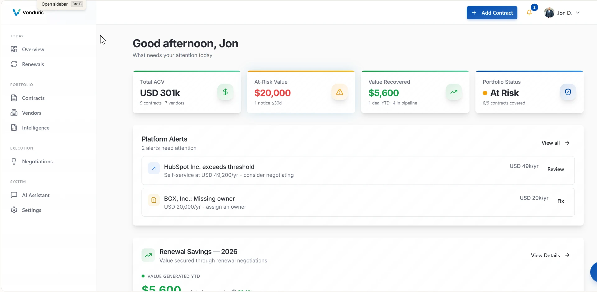 Venduris workspace overview with total ACV, at-risk value, value recovered, portfolio status, and platform alerts