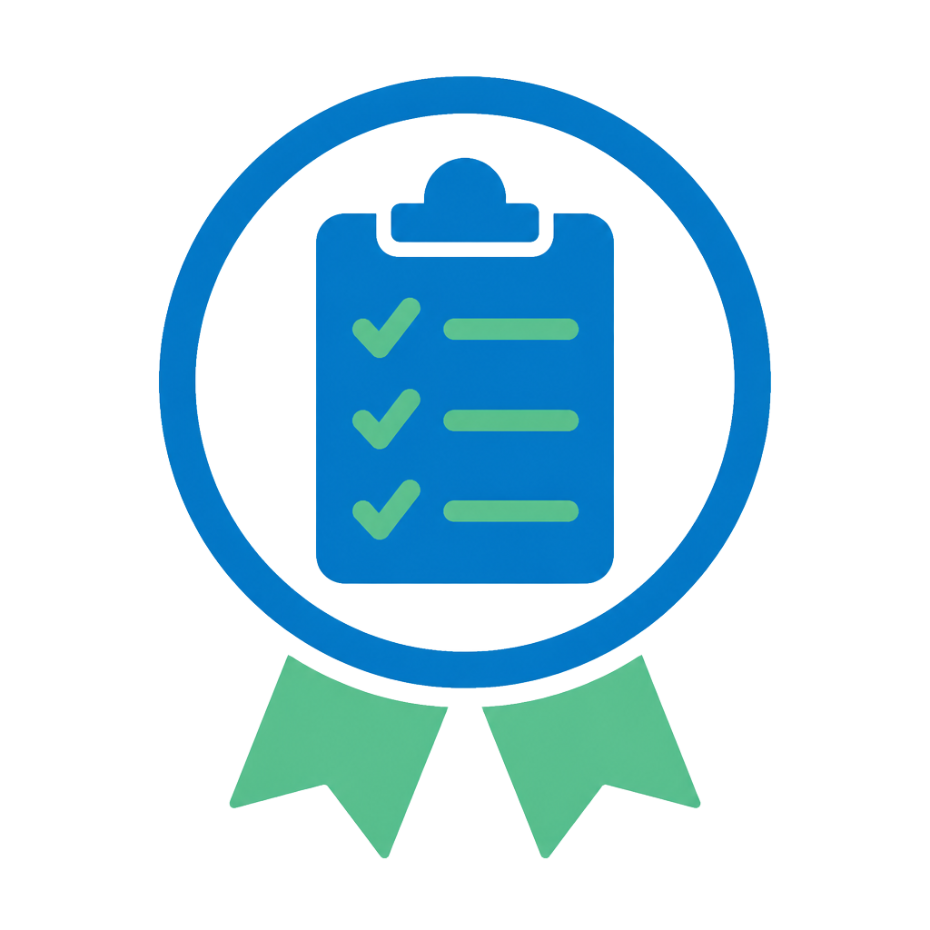 Checklist inside a certification badge illustrating compliance governance