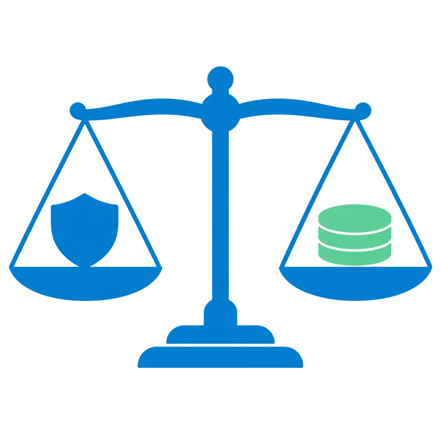 Balanced scale weighing a shield and coins, illustrating financial controls