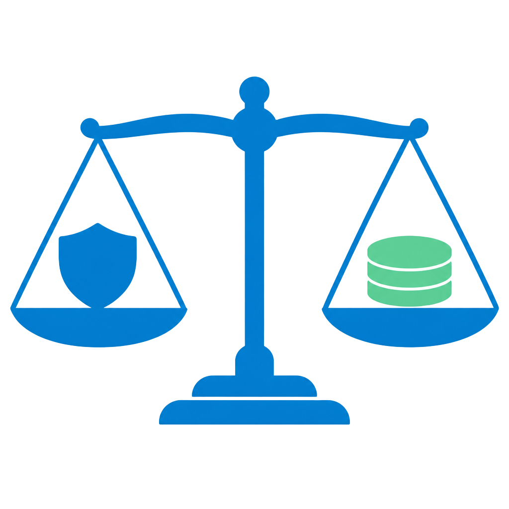 Balanced scale weighing a shield and coins, illustrating financial controls